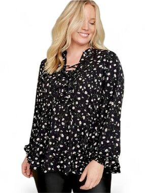 Lane Bryant Black Floral Ruffle Blouse Size 12 NWT